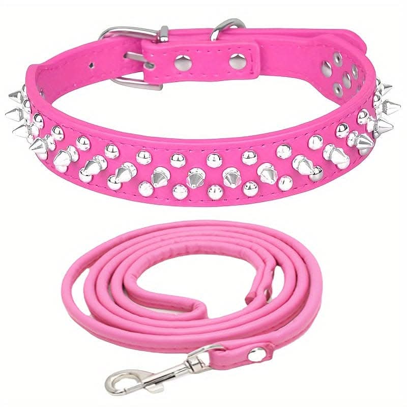 Adjustable Leather Spiked Dog Collar Set