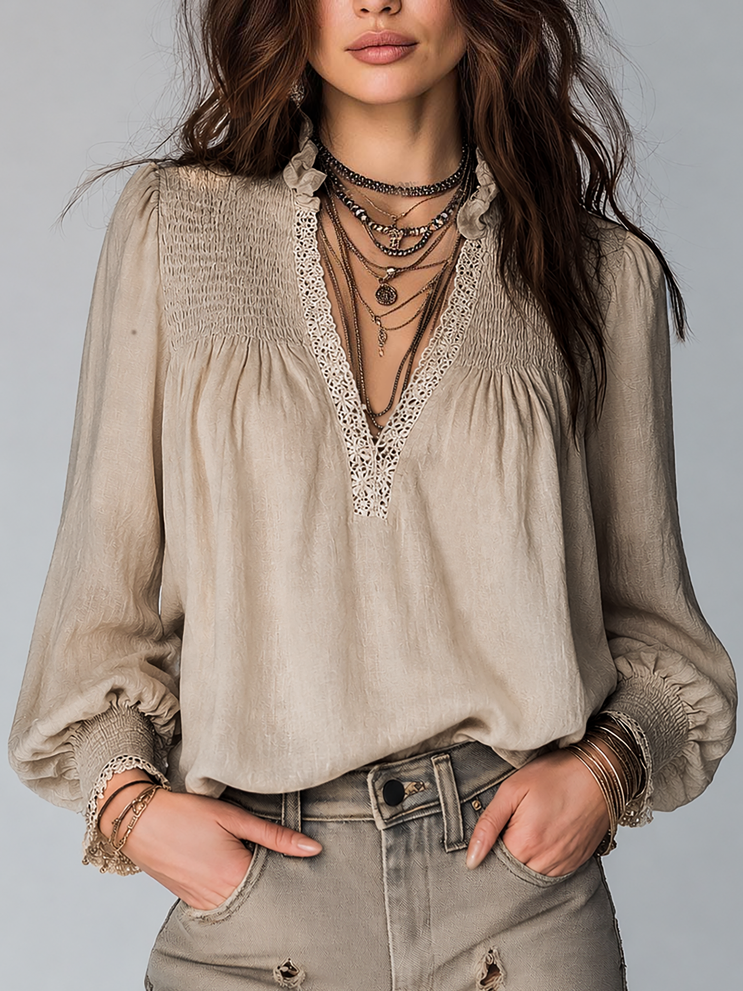 Vintage Pleated Collar Lace Trim Cotton  Linen Blouse