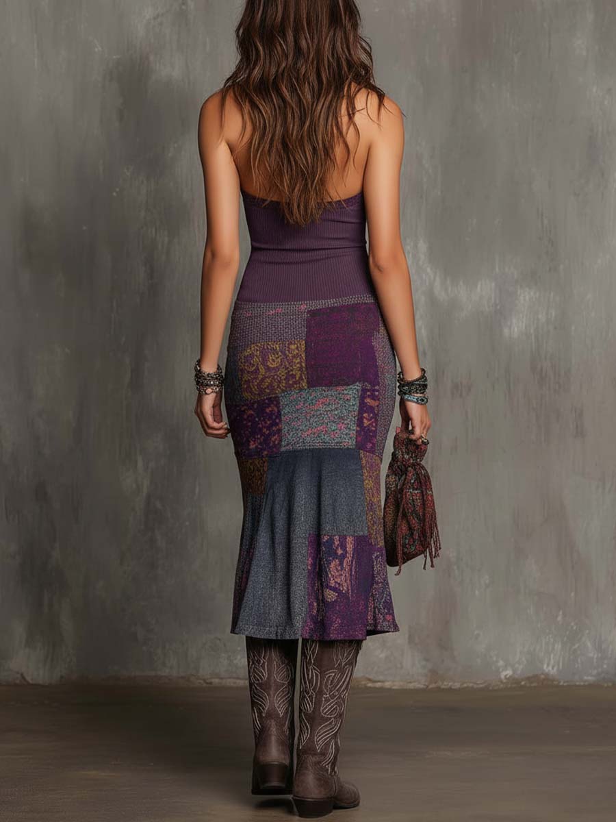 Retro Halter-Neck Knitted Floral Patchwork Midi Dress