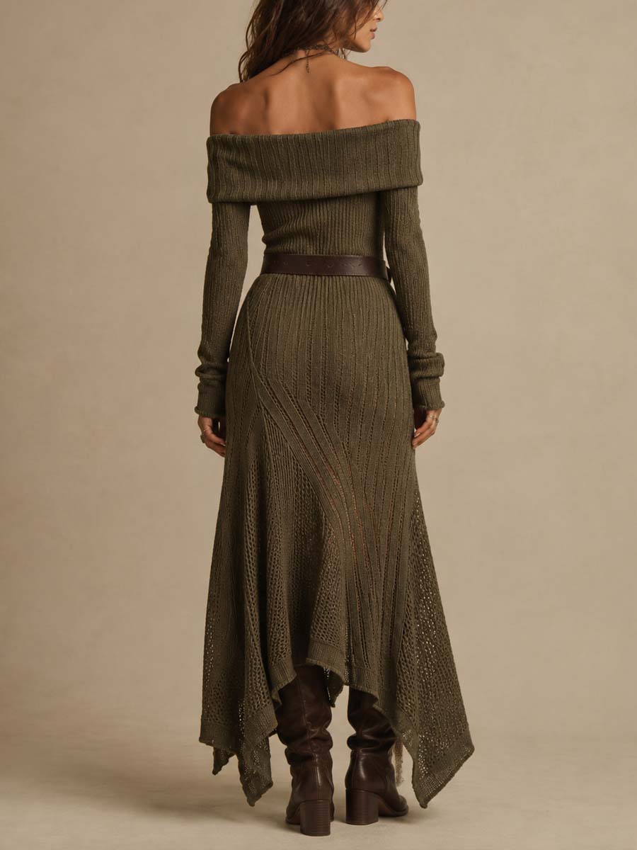 Vintage Off-the-shoulder Lapel Knit Midi Dress