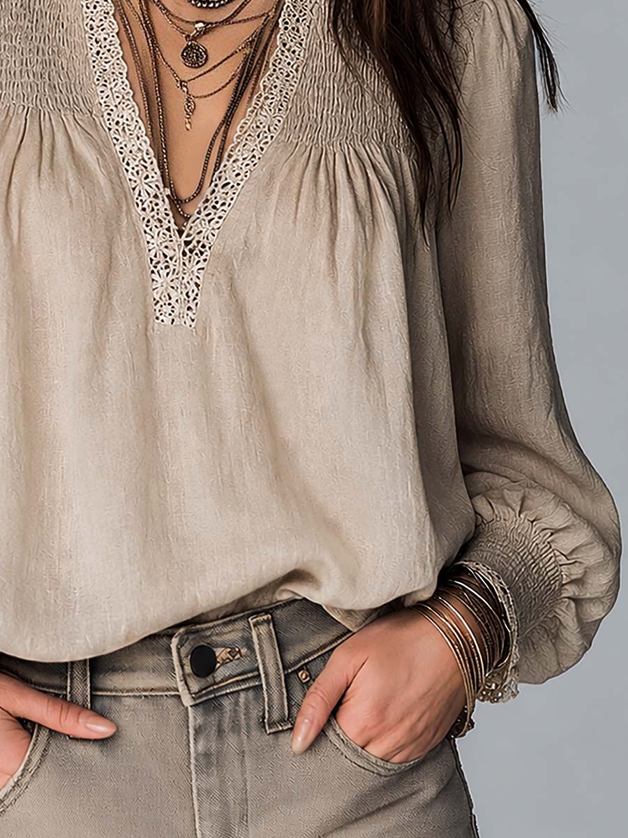 Vintage Pleated Collar Lace Trim Cotton  Linen Blouse
