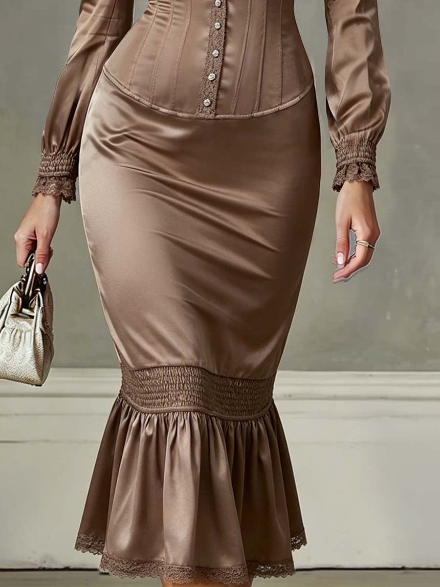 Vintage Ruffled Hem Lace-trimmed Polyester Satin Midi Dress