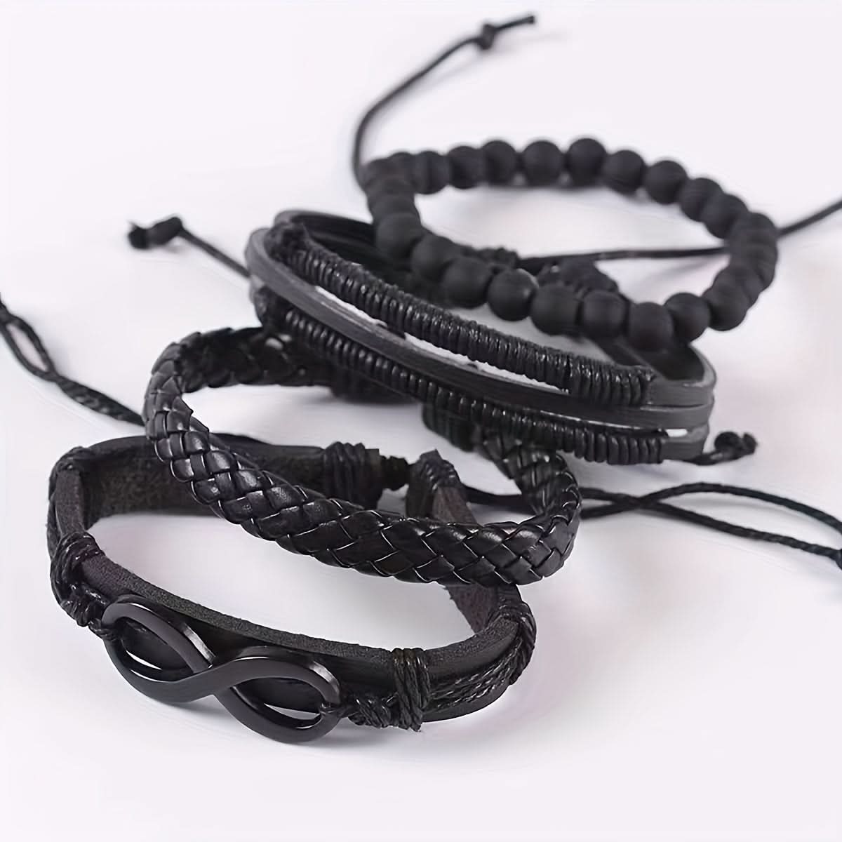 Men's Leather Bracelet Set – 4-Piece Multi-Layer