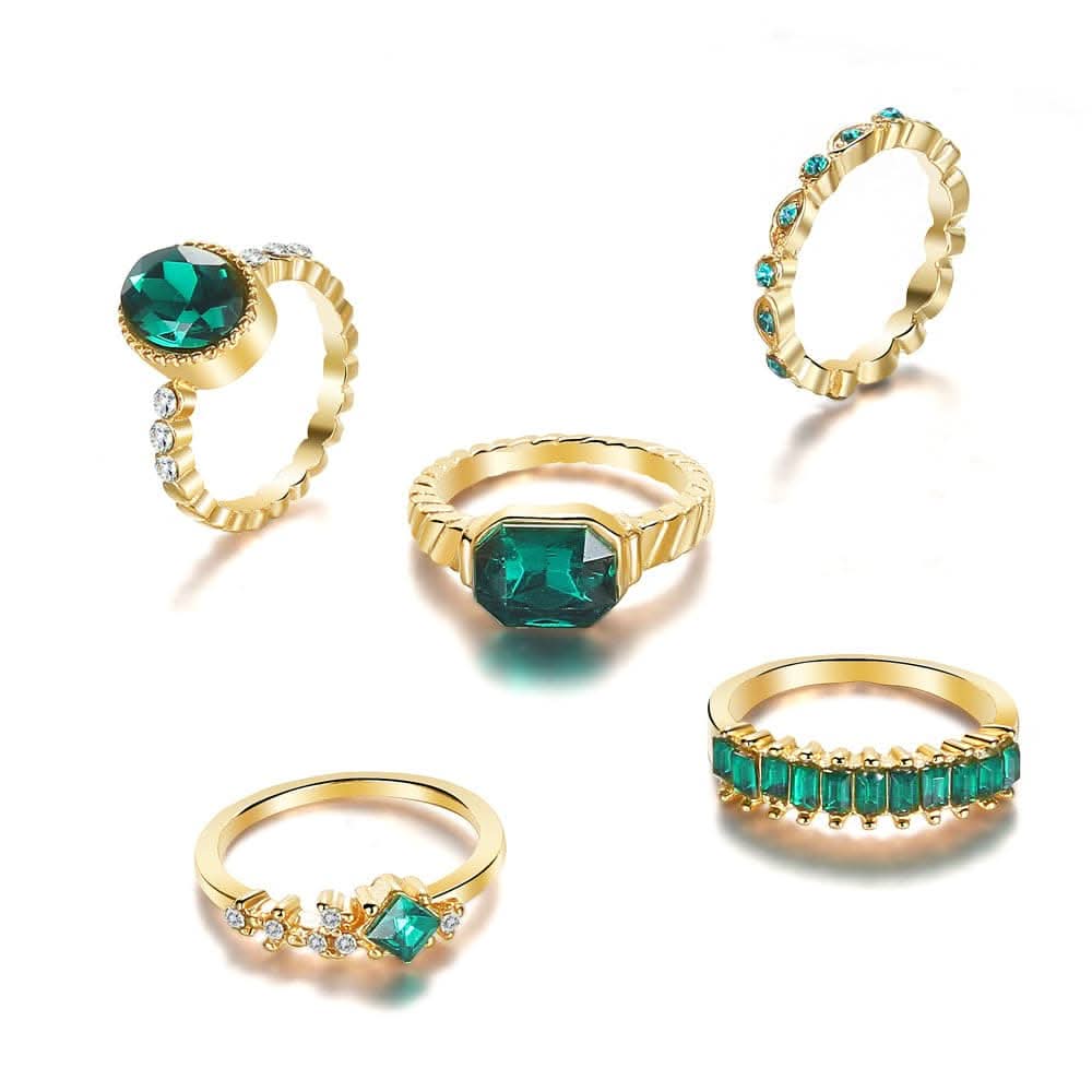 Green Rhinestone Ring Set – 5-Piece Geometric Design