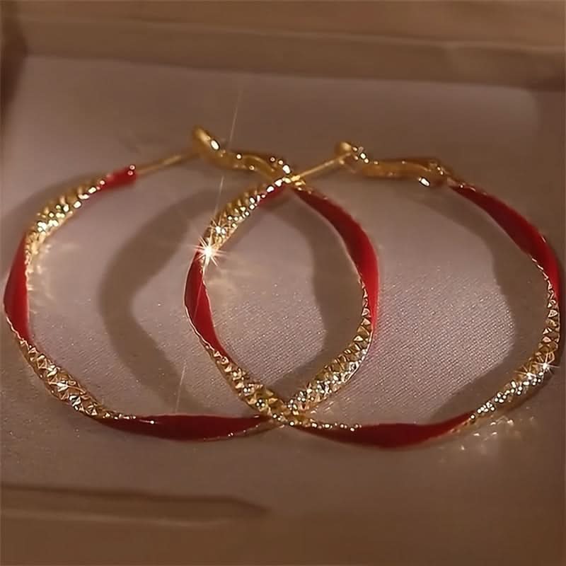 Gold Red Resin Twist Hoop Earrings – Boho Style