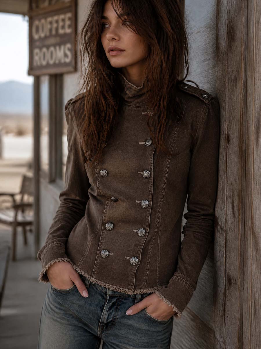 Distressed Double-breasted Denim Jacket