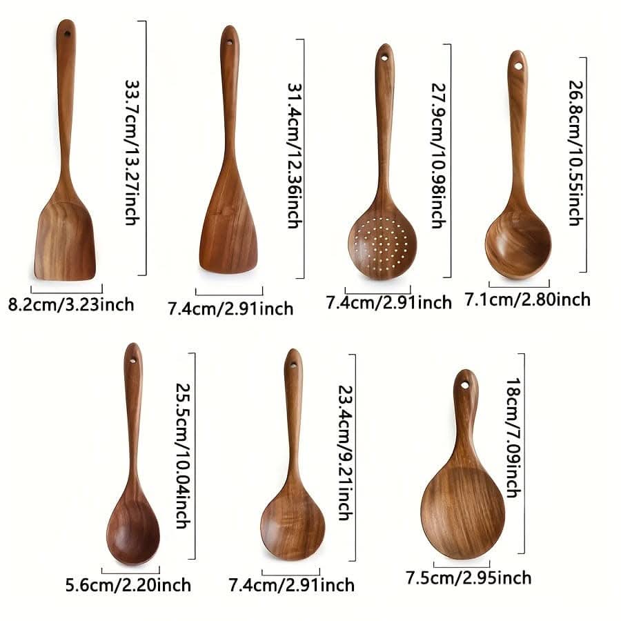 7pcs Natural Teak Wooden Spoons - Non-Stick Spatula Set