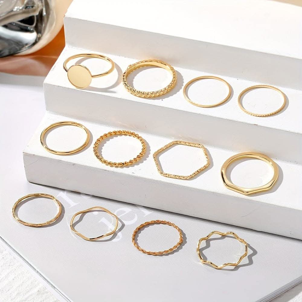 12 pcs. Stacking Rings Set – Wave & Minimalist Bands