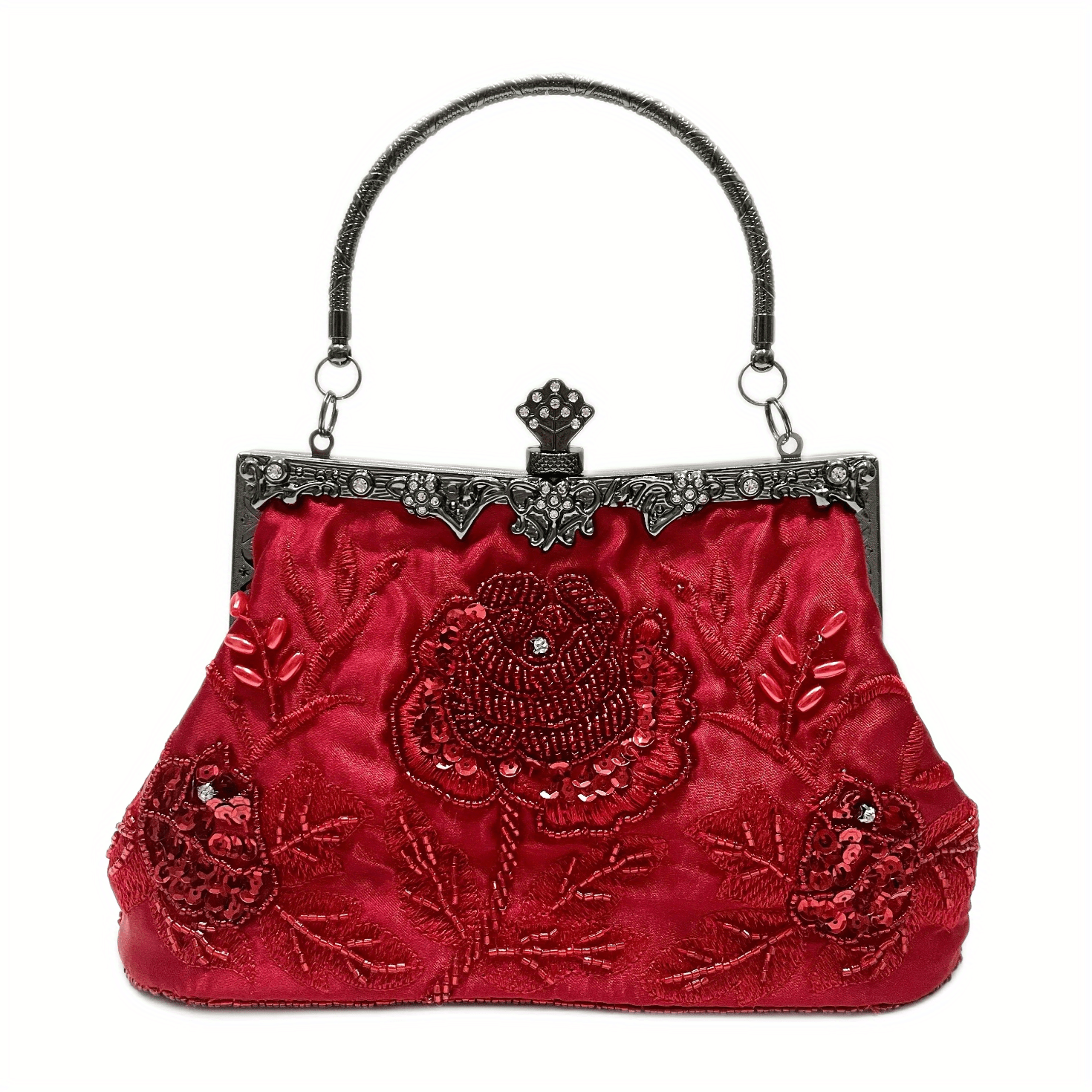 Vintage Floral Beaded Clutch, Satin Evening Bag
