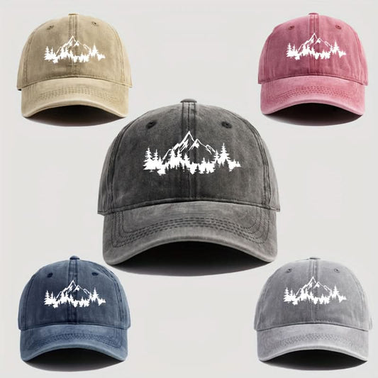 Men’s Distressed Mountain & Forest Print Baseball Cap – Adjustable Lightweight Dad Hat