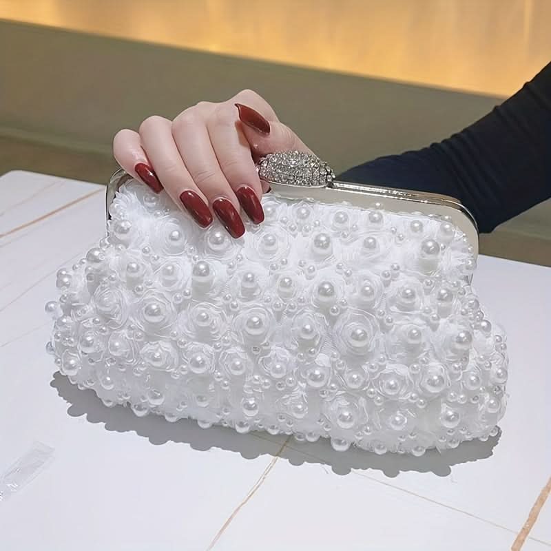 White Pearl Clutch with Floral Embellishments