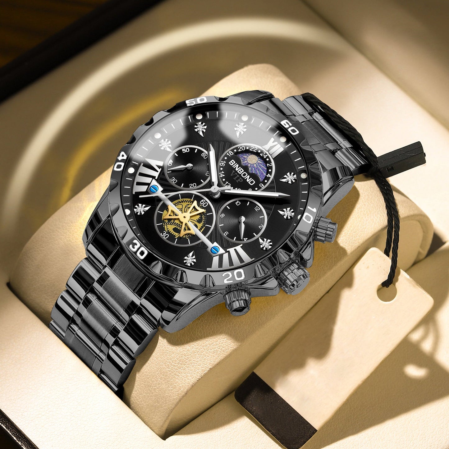 Binbond B3103 Flywheel Moon phase Quartz Watch for Men