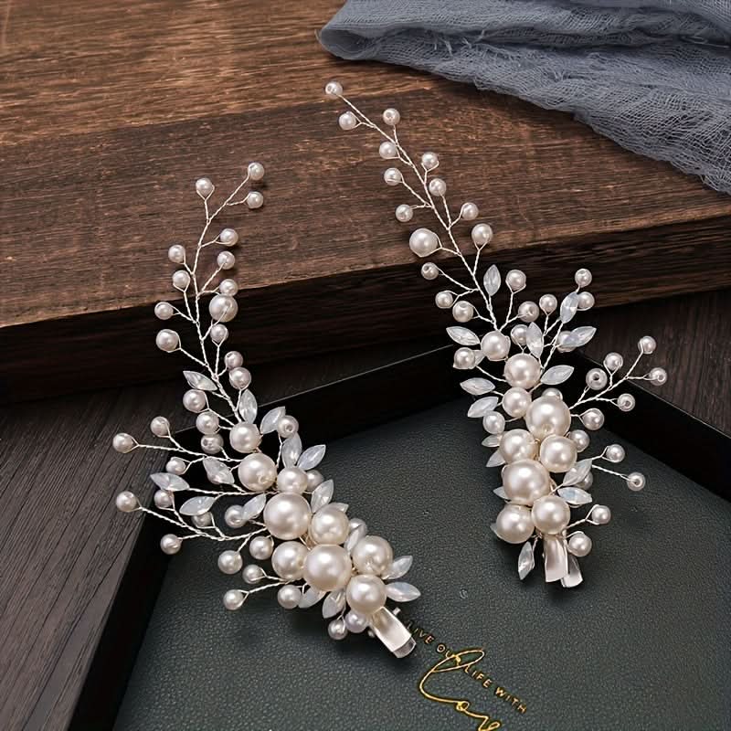 2pcs White Faux Pearl Hair Clips