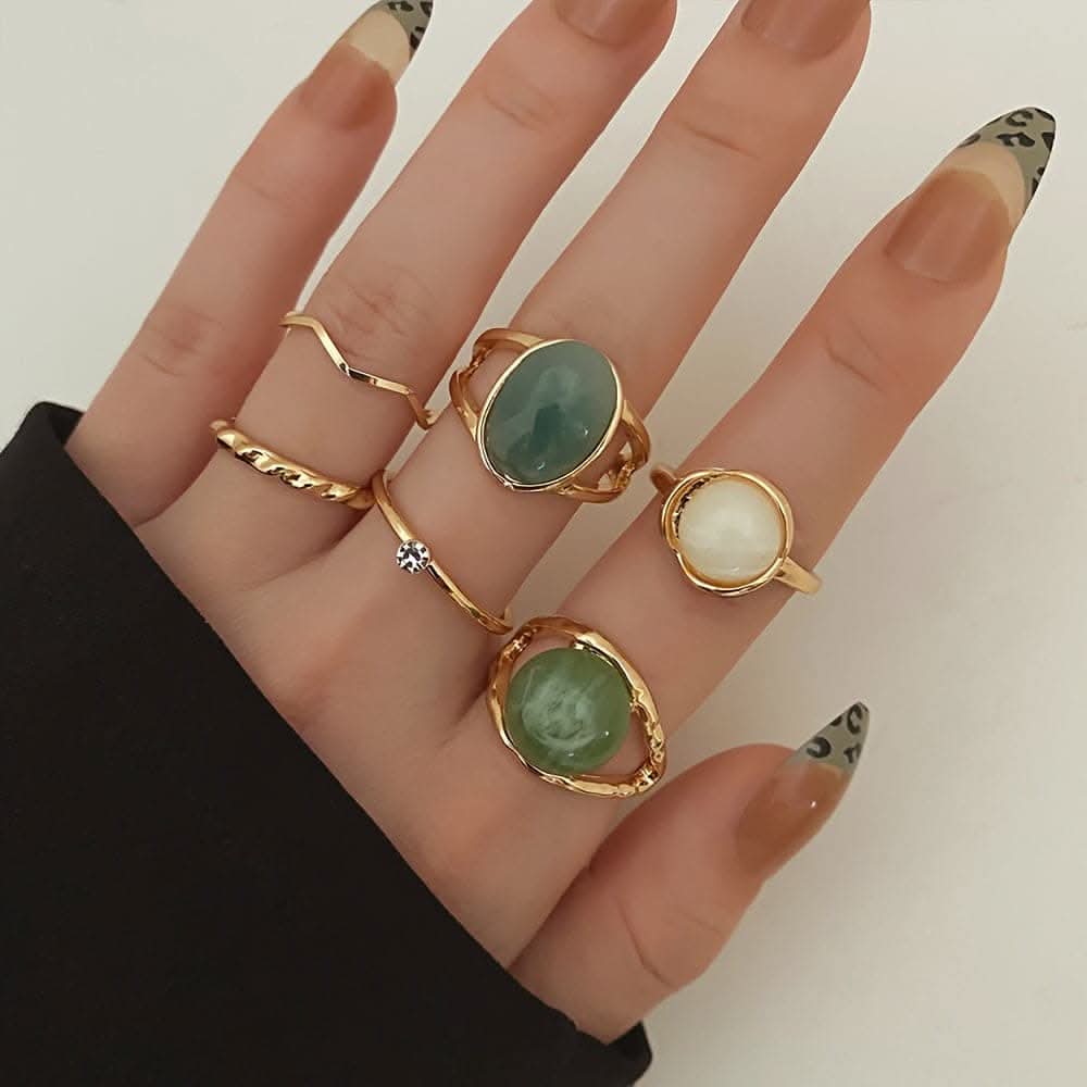 Golden-Tone Ring Set with Green Gemstones – 6-Piece