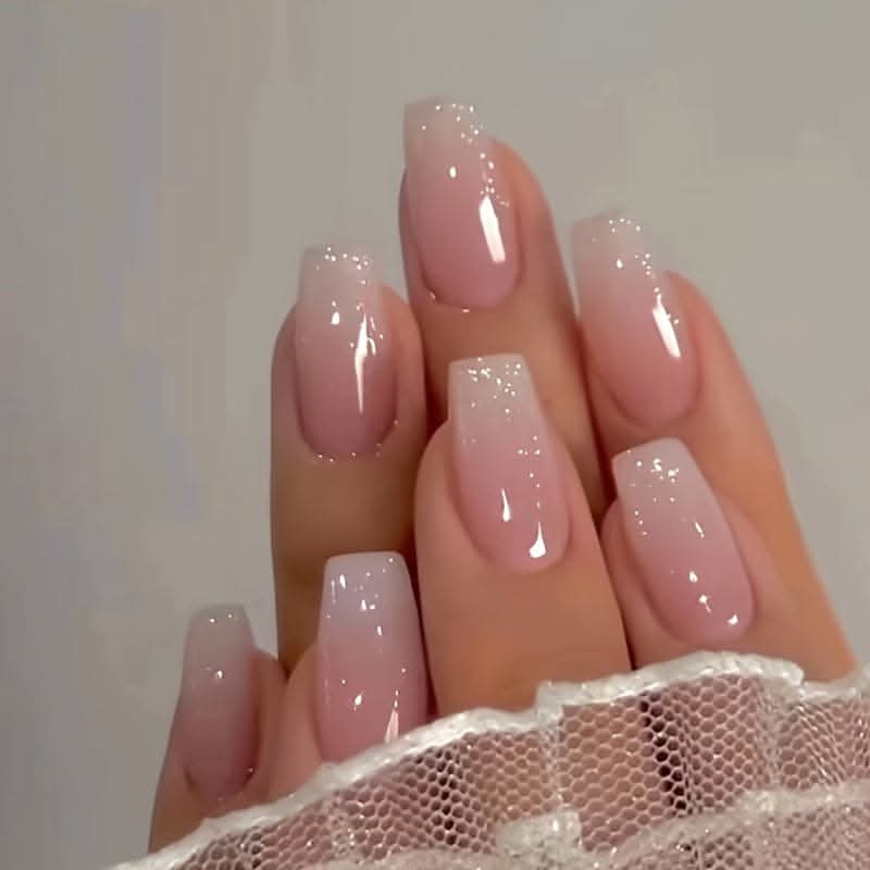 24pcs Glossy Pinkish Press-On Nails – Long Square with Elegant Glitter