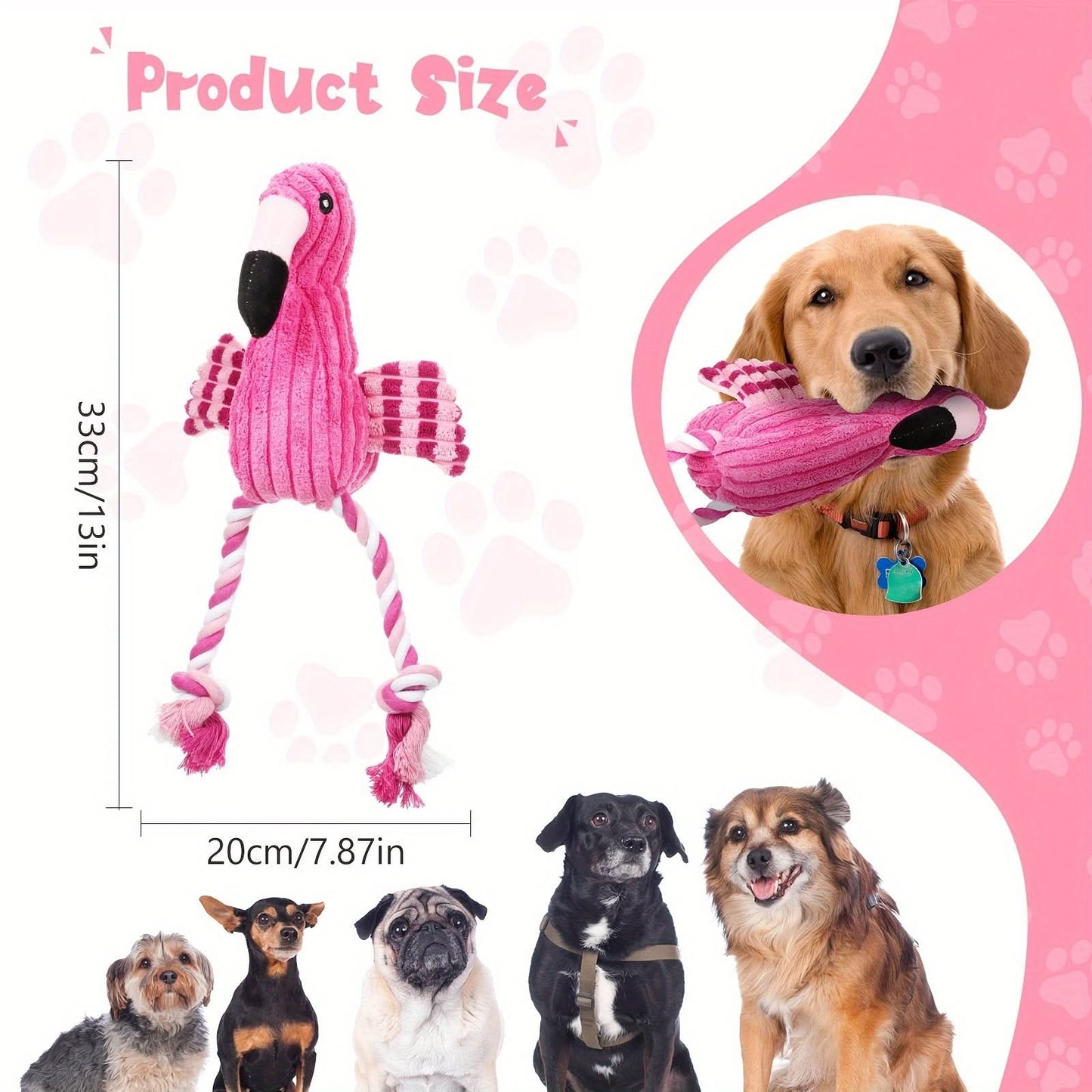 2-Pack Flamingo Plush Dog Toys-Squeaky Teething & Interactive Rope Toys