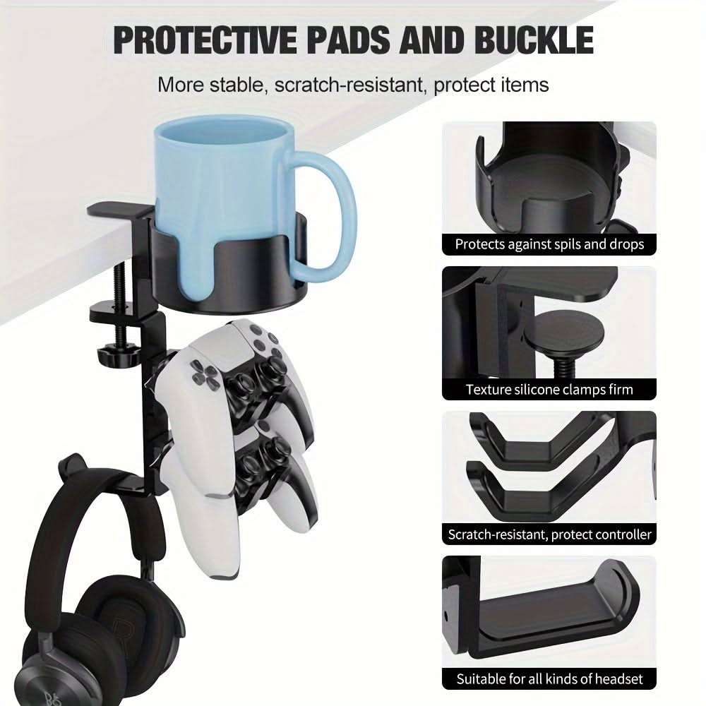 3-in-1 Under Desk Clamp Headphone Stand