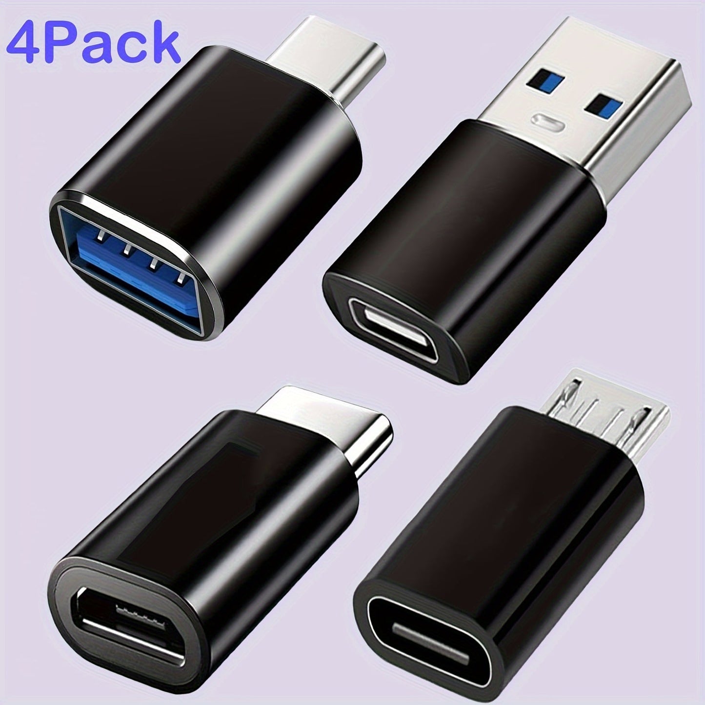 4-Pack USB-C Adapter Set – USB 3.0 OTG & Micro USB to USB-C, Ferrous Metal Finish, Universal Compatibility