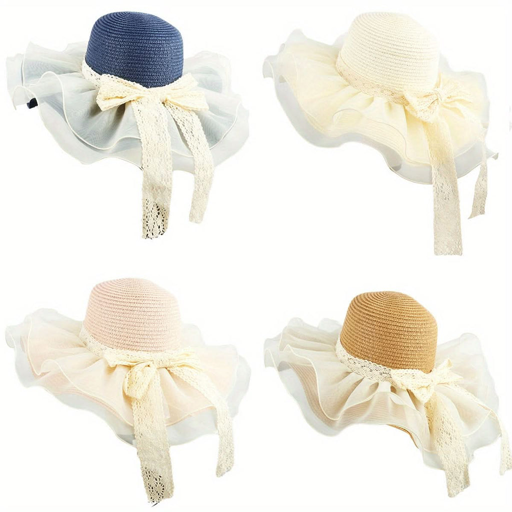Women's Linen Straw Bucket Hat with Bow – Mesh Patchwork Wide Brim Sun Visor
