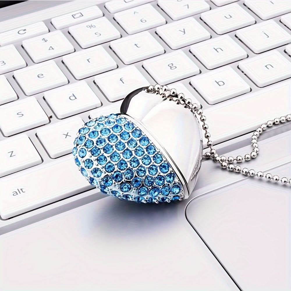 64GB Heart-Shaped Crystal USB Drive – Blue
