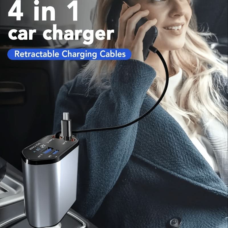 Retractable Car Charger 4-in-1 – Super Fast 100W Charging