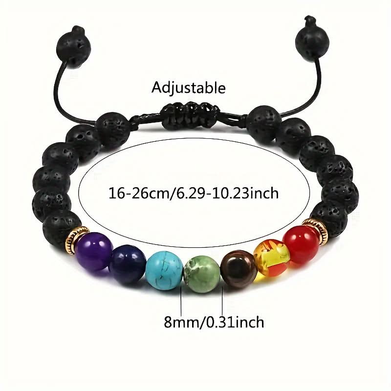 7 Chakra Lava Stone Healing Bracelets, Adjustable Pair