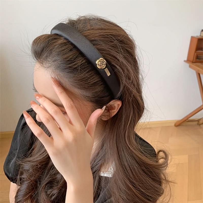 Chic Black Satin Camellia Flower Headband