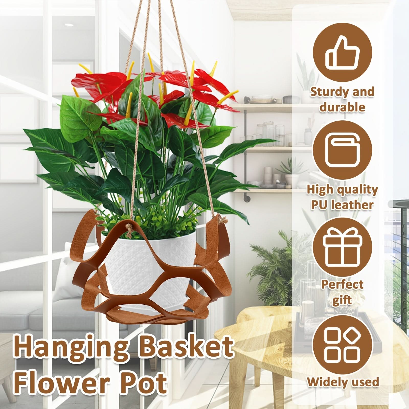 2pcs PU Leather Hanging Plant Baskets – Indoor & Outdoor Decorative Planters