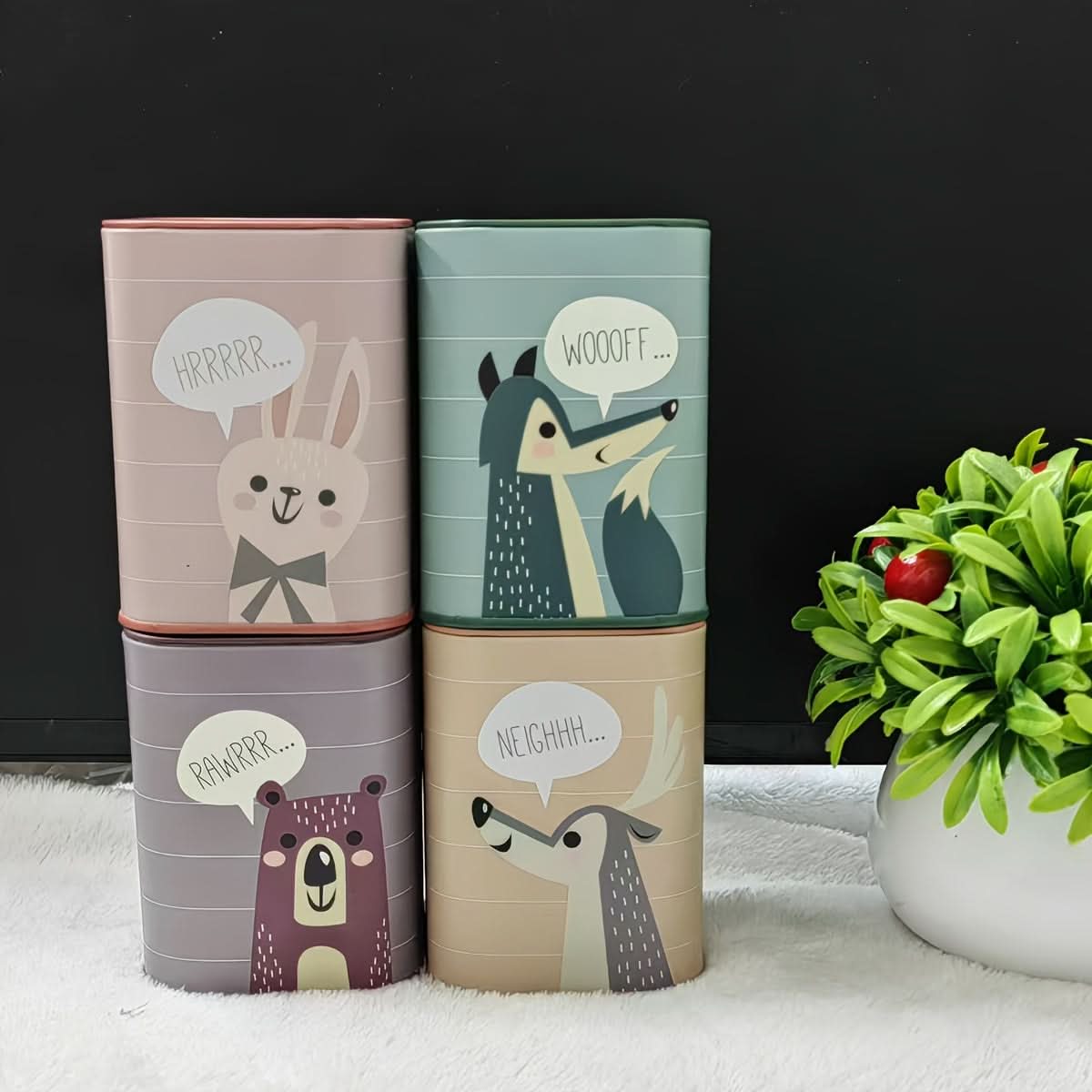 Cartoon Animal Square Iron Penny Bank – British Style Coin Storage for Baby Gifts