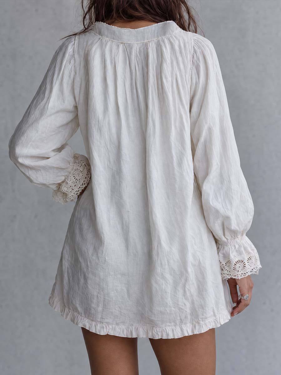 Vintage-style Zip-up Collar Lace-trimmed White Mini Dress