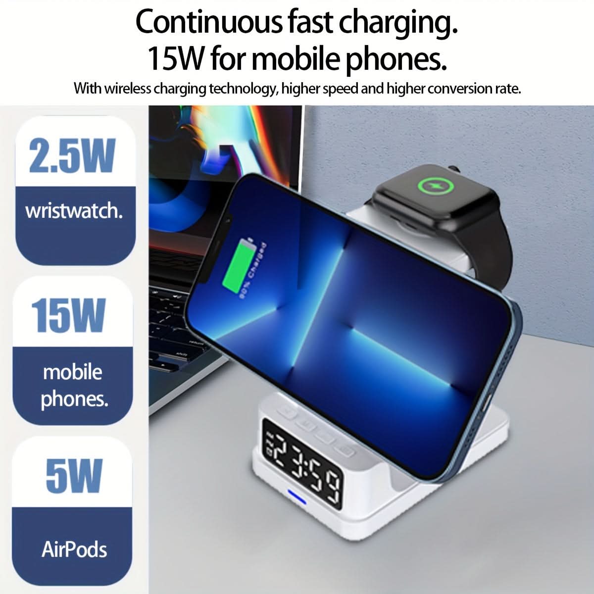 4-in-1 Magnetic Wireless Charging Stand with Digital Clock - Type-C USB