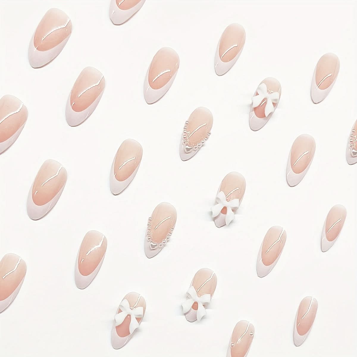 24 Pcs Pearl & Heart Bow Press-On Nails – Short Almond Shape Glossy Finish Fake Nails