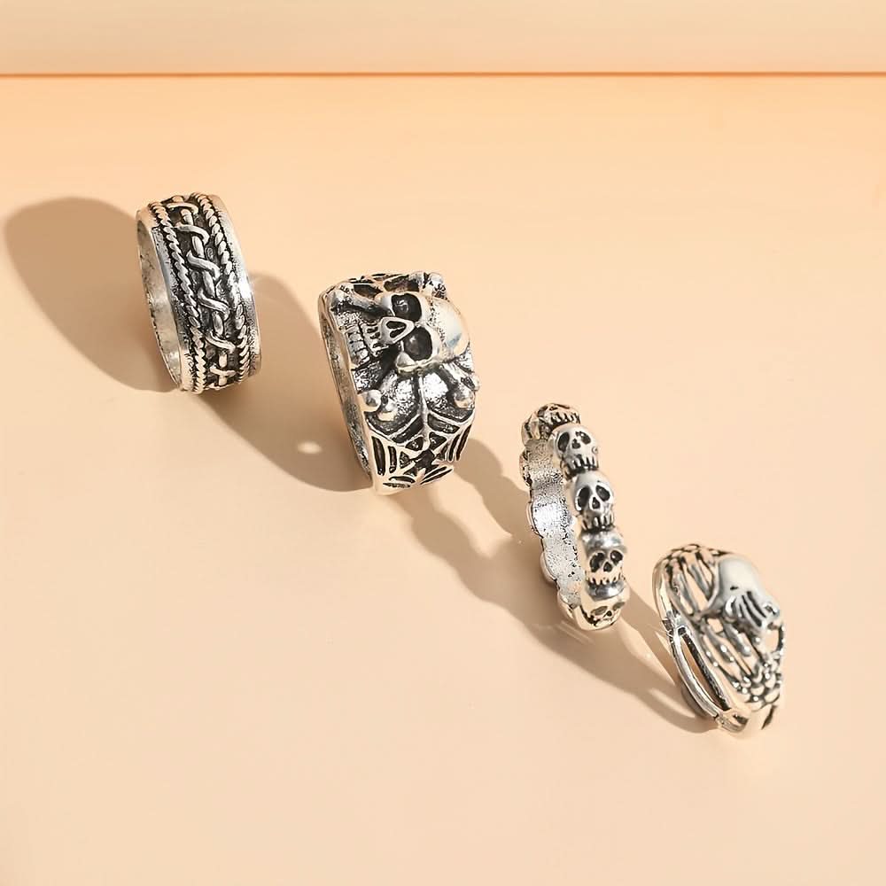 4-Piece Gothic Skull Punk Metal Rings