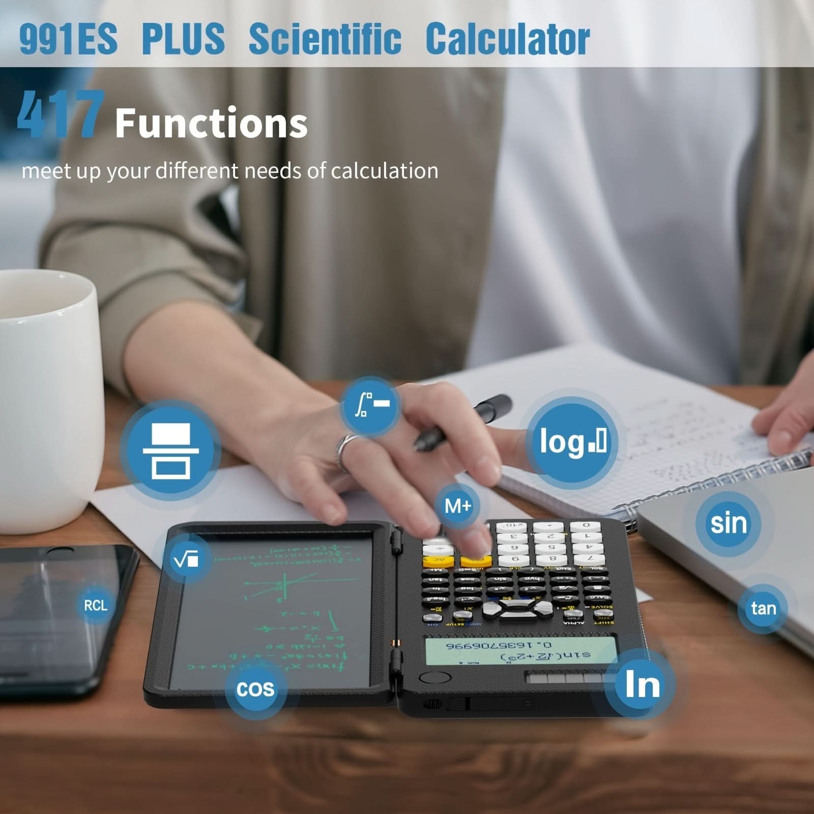 4-Line Solar-Powered Scientific Calculator with Notepad