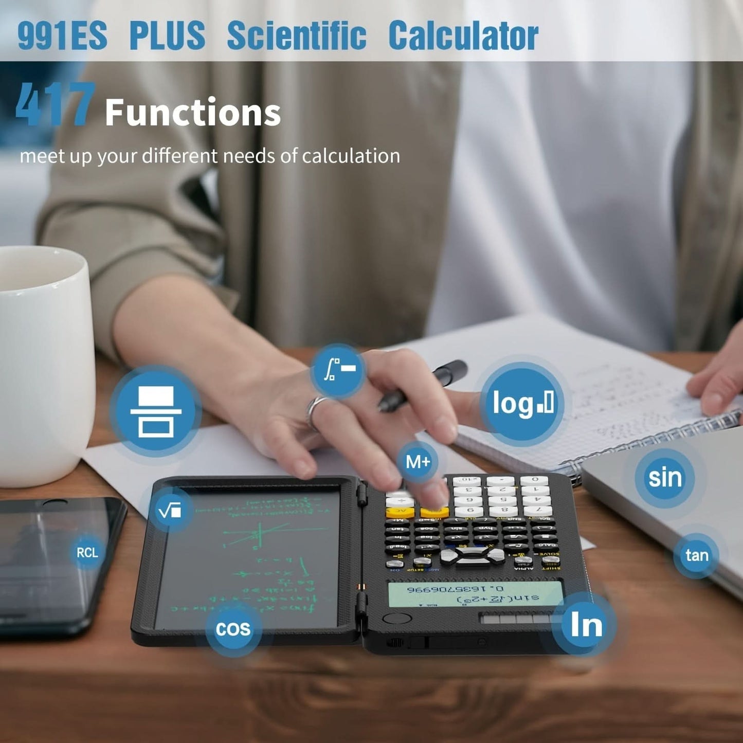 4-Line Solar-Powered Scientific Calculator with Notepad