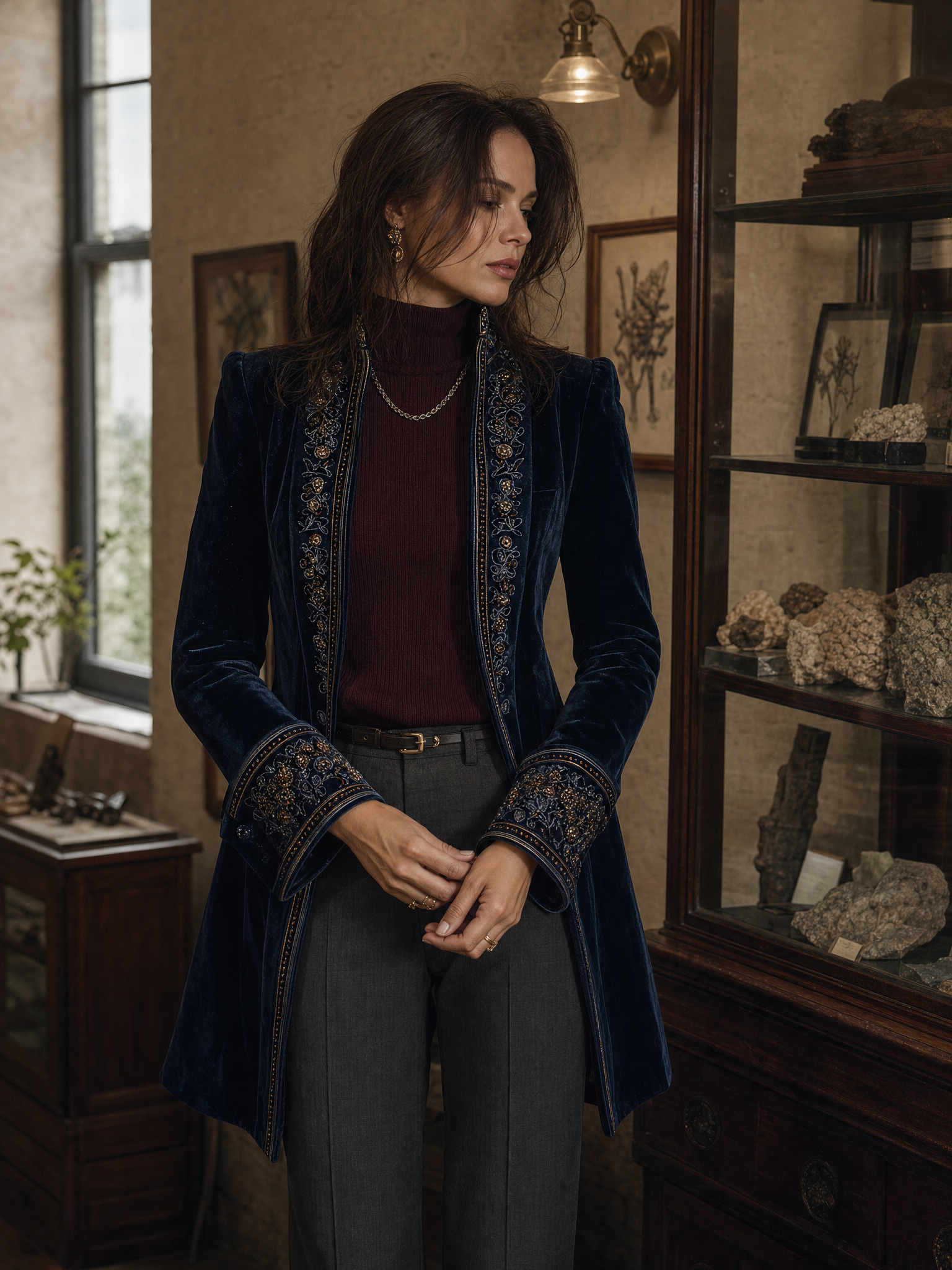 Vintage Navy Polyester Velvet Embroidered Long Jacket