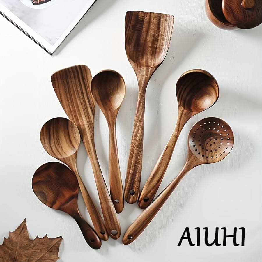 7pcs Natural Teak Wooden Spoons - Non-Stick Spatula Set