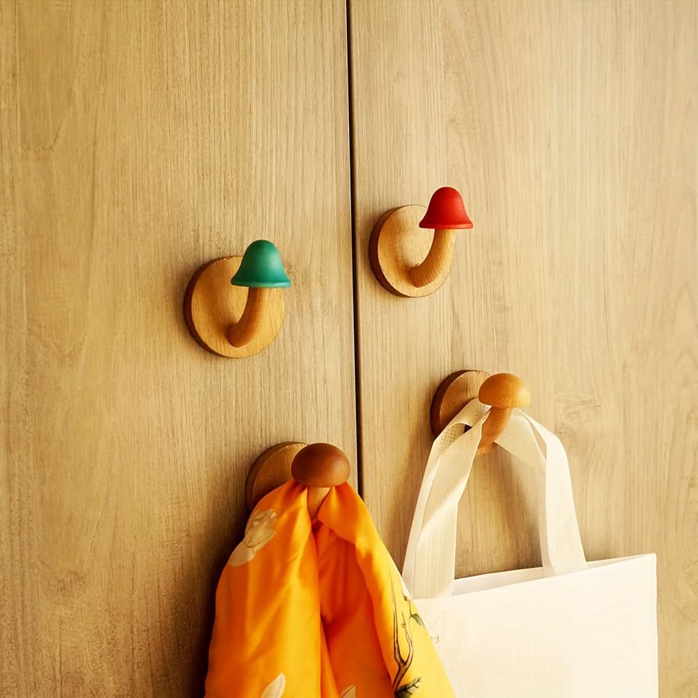 4-Piece Wooden Wall Hooks – Self-Adhesive Hat & Coat Hangers