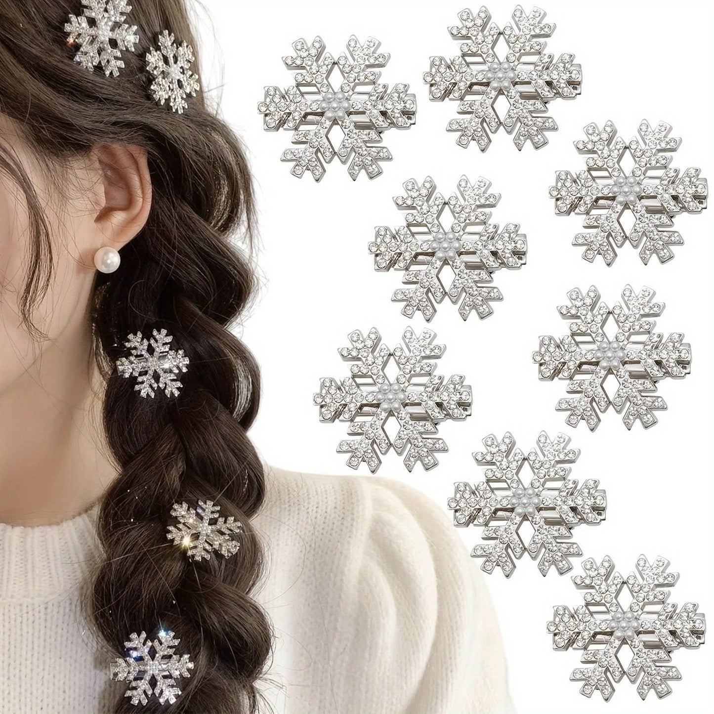8-Pack Rhinestone Snowflake Hair Clips, Christmas Hair Accessories