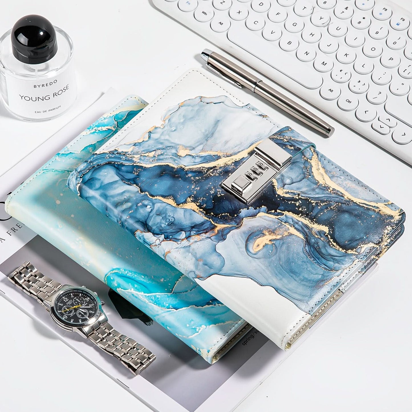 A6 Lockable Diary Notebook with Combination Lock – Blue Marble Wooden Cover