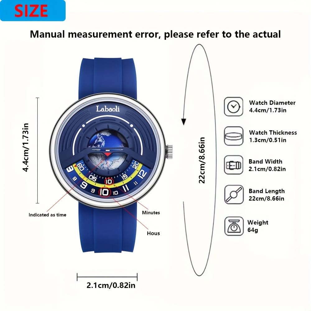 Men’s World-Time Quartz Watch – Hollow Dial, Silicone Strap, Casual Analog Design