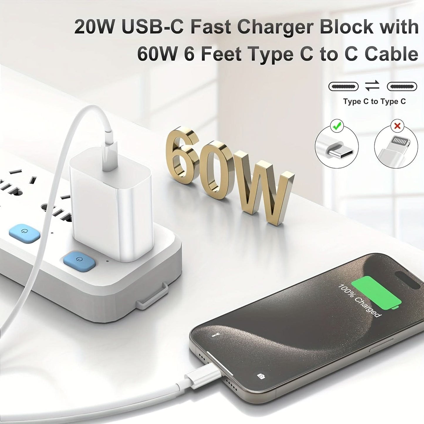 2-Pack 20W USB-C Power Adapter & 6FT USB-C to USB-C Cable