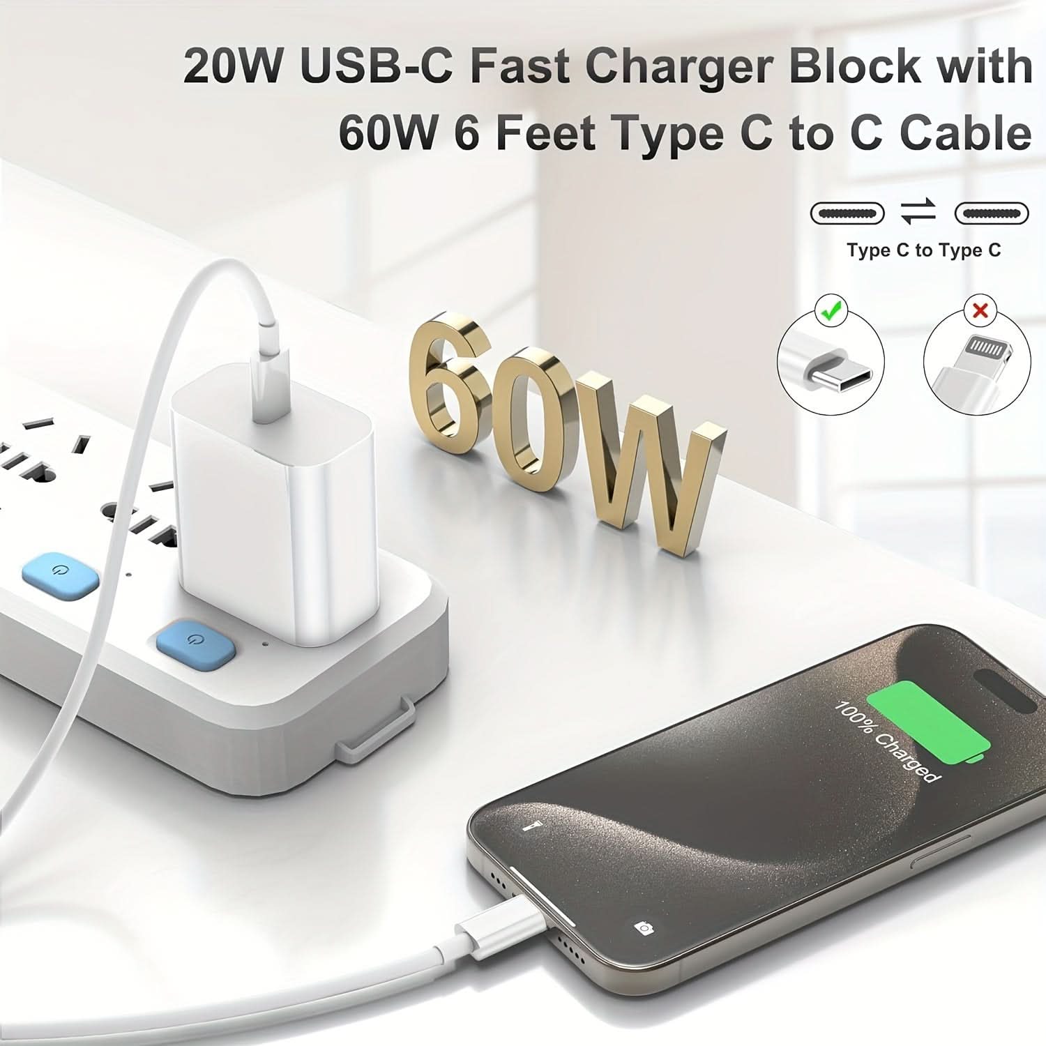 2-Pack 20W USB-C Power Adapter & 6FT USB-C to USB-C Cable