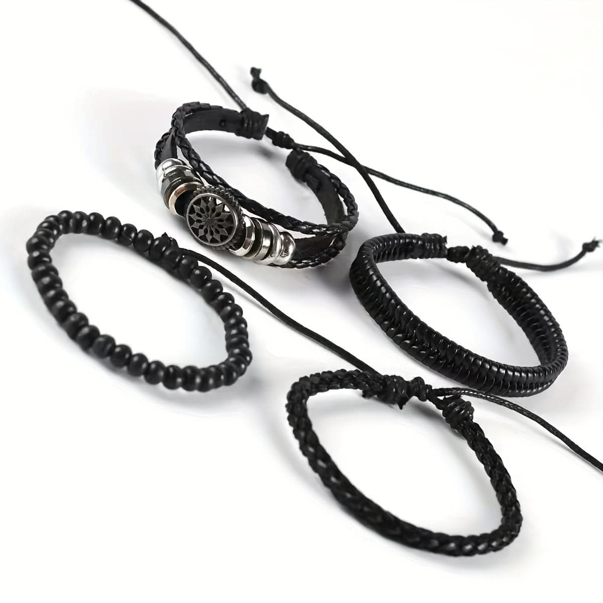Vintage Leather Anchor Bracelet Set, 4-Piece Boho Style