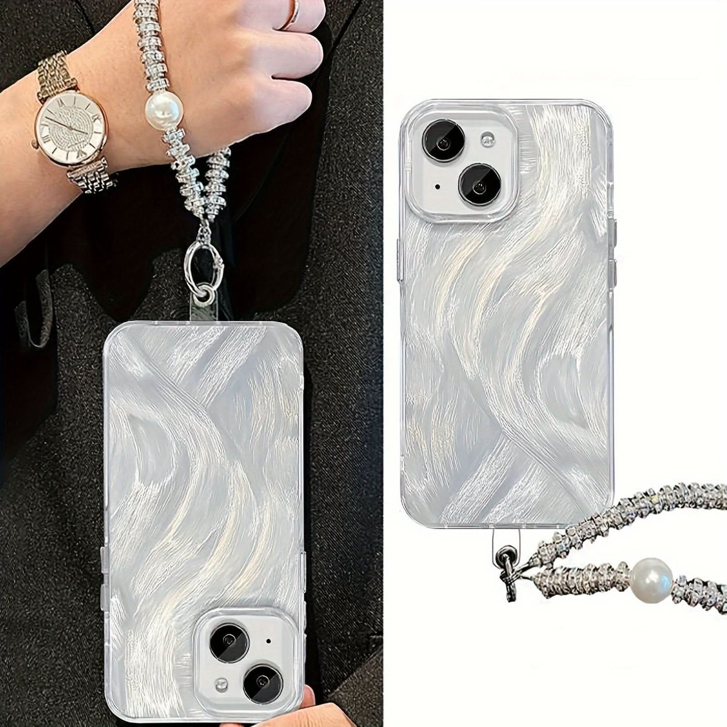 Luxury Pearl Beaded iPhone 16/15 Case with Lanyard