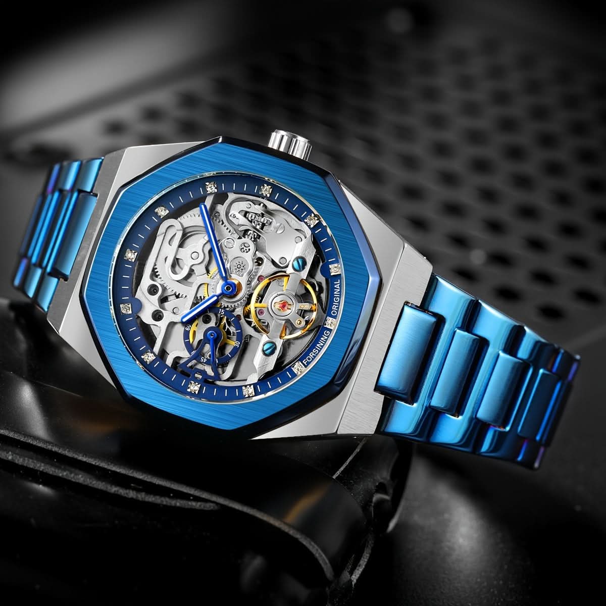 Men's Blue Skeleton Automatic Watch – Stainless Steel, Luminous Hands