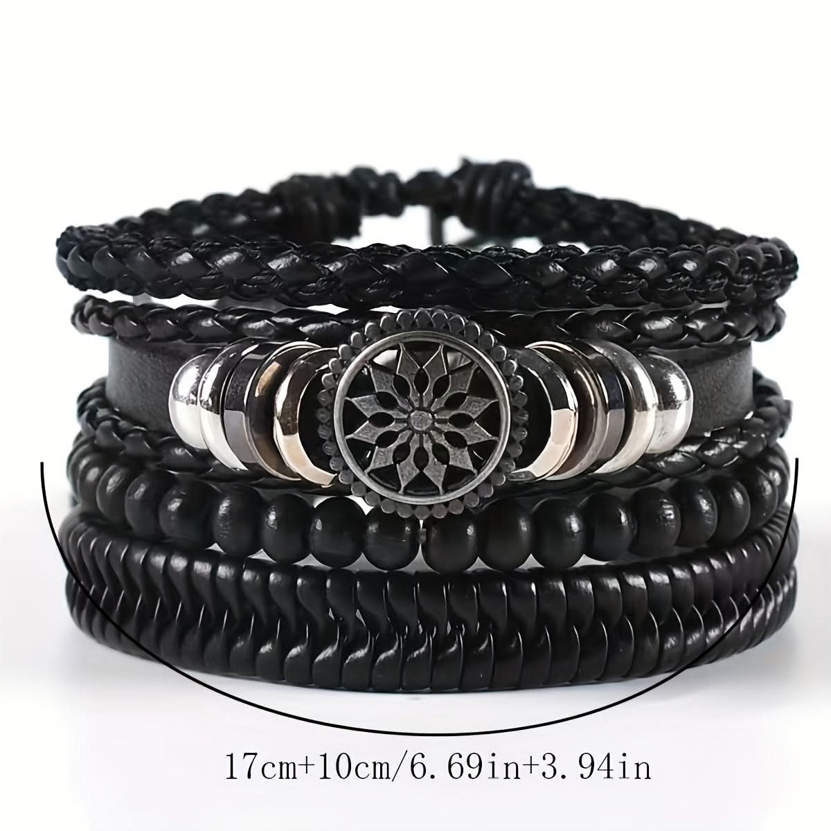 Vintage Leather Anchor Bracelet Set, 4-Piece Boho Style
