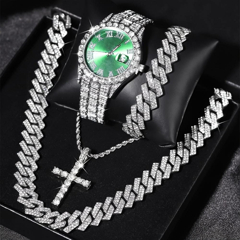 4pcs Men's Wrist Watch & Hip Hop Cuban Chain Set