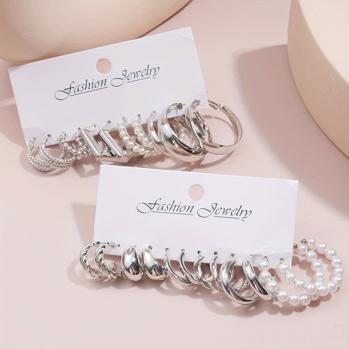 24-Pair Chic Geometric & Faux Pearl Hoop Earrings Set