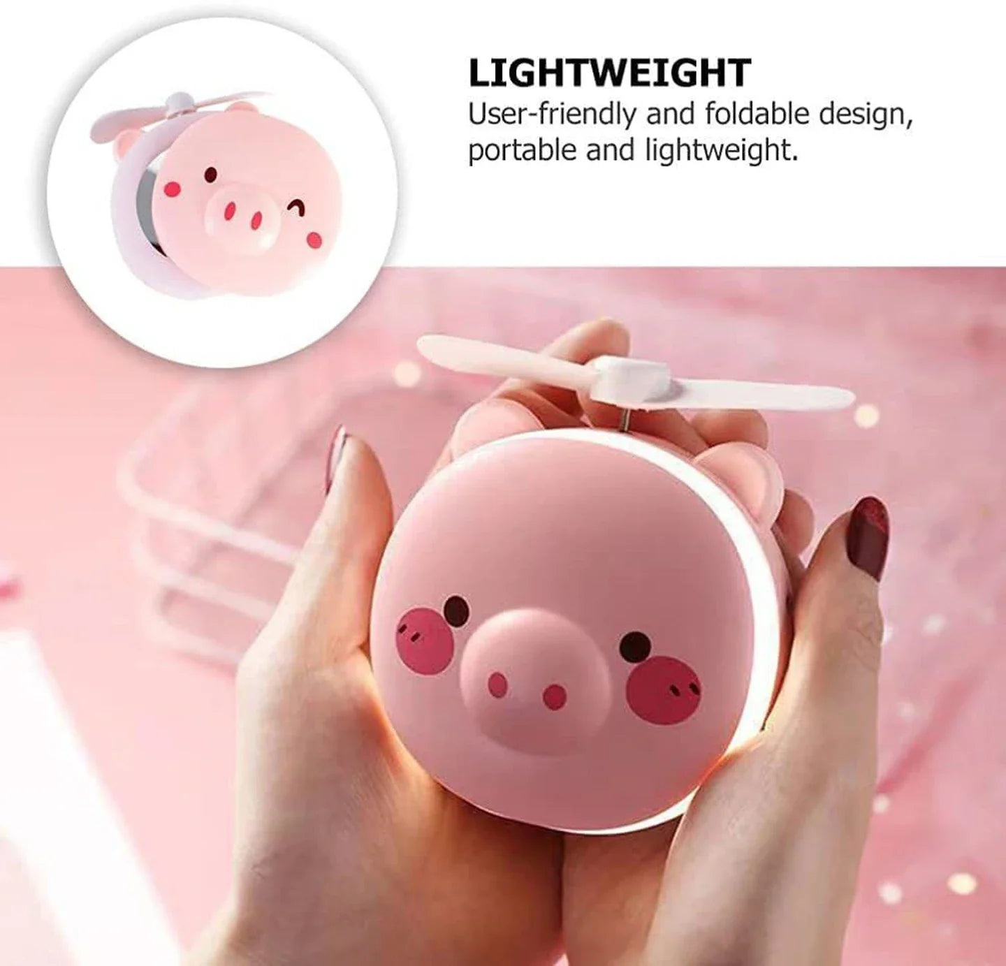 Portable Mini USB Fan – Cute Piggy Beauty Mirror Fan with LED Light & Handheld Design